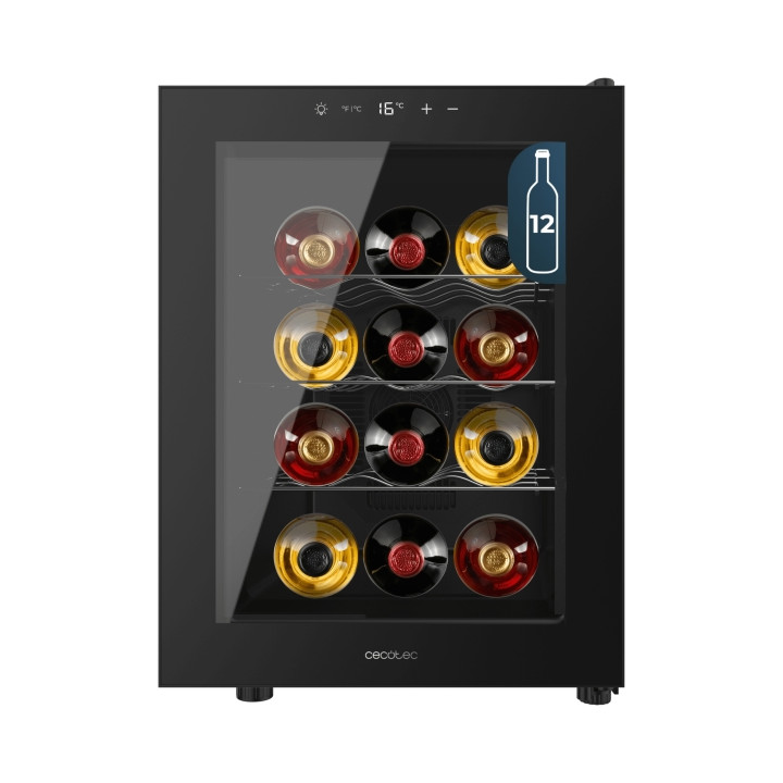 Cecotec Bolero GrandSommelier 1255 CoolCrystal Vinoteca para 12 Botellas - Silencioso 35dB - Luz LED - Pantalla LED - Temperatur
