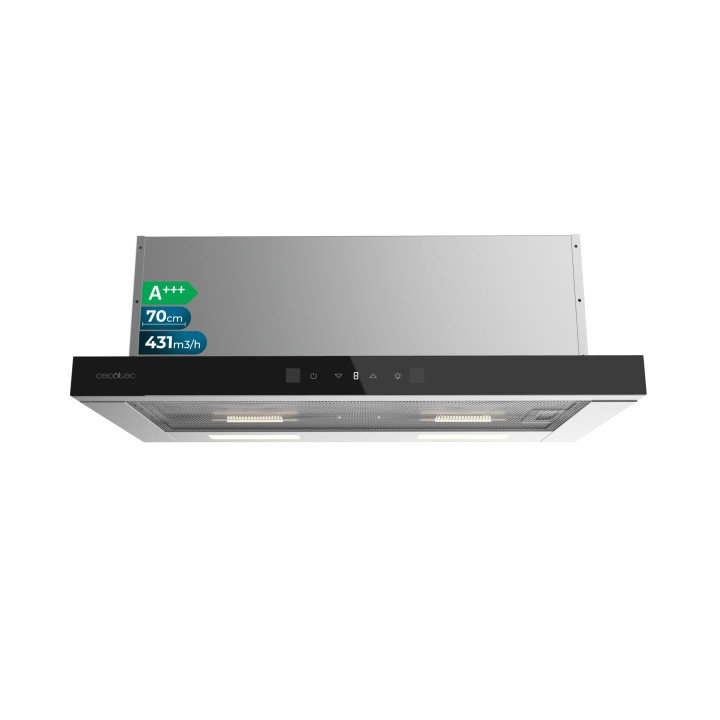 Cecotec Bolero Flux TLT 704400 Glass Black A+++ Campana Extractora Telescopica de 70cm - 431.2m3/h - LED - Pantalla - Acero Inox