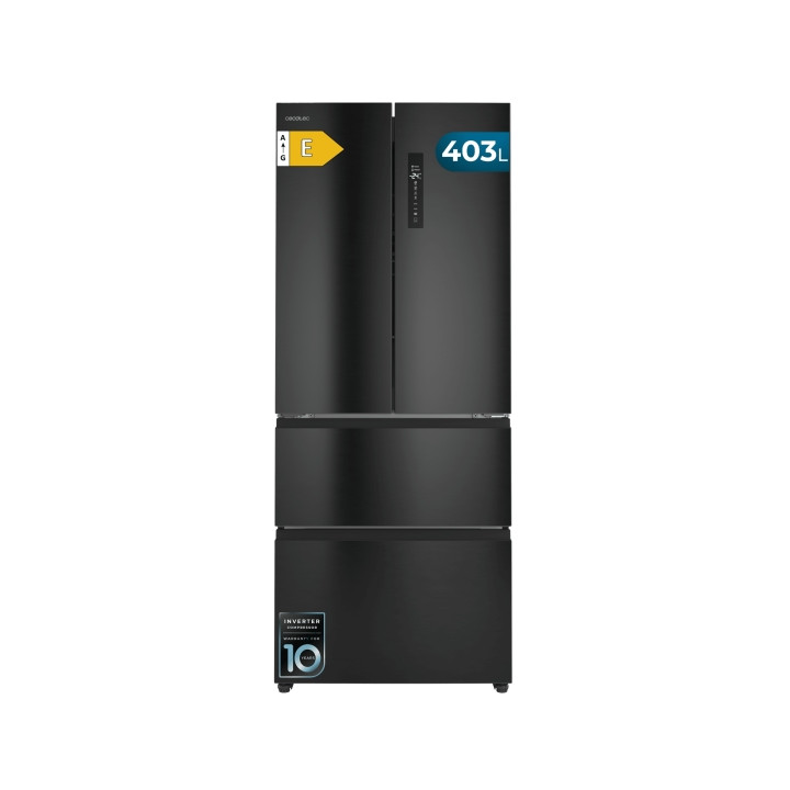 Cecotec Bolero CoolMarket F2D 403 Dark E Frigorifico Puerta Francesa de 4 Puertas - Capacidad 403L - Luz LED - Pantalla Digital