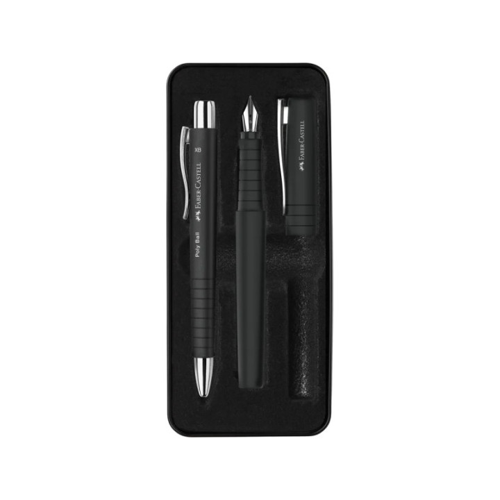 Faber-Castell Poly Pack de Boligrafo Poly Ball y Pluma Estilografica Poly Pen con Plumin B - Clip de Metal - Color Negro