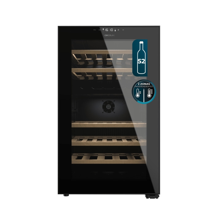 Cecotec Bolero GrandSommelier Duo 52000 Black Vinoteca para 52 Botellas - Doble Zona - Luz LED - Temperatura Regulable - Compres