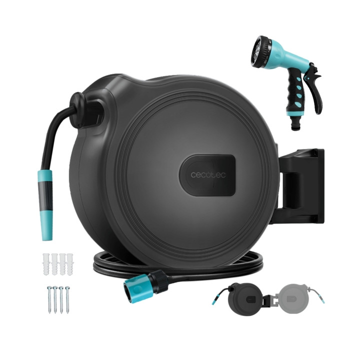 Cecotec HydroShell 10 Manguera de 10m - Recogida Automatica - Giro 180º - Accesorios Incluidos - Tambor Extraible - Pistola Pulv
