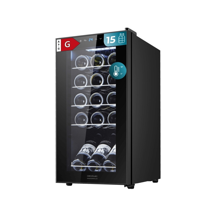 Cecotec Bolero GrandSommelier 1550 Black Compressor Vinoteca para 15 Botellas - Silencioso 39dB - Temperatura Regulable - Compre