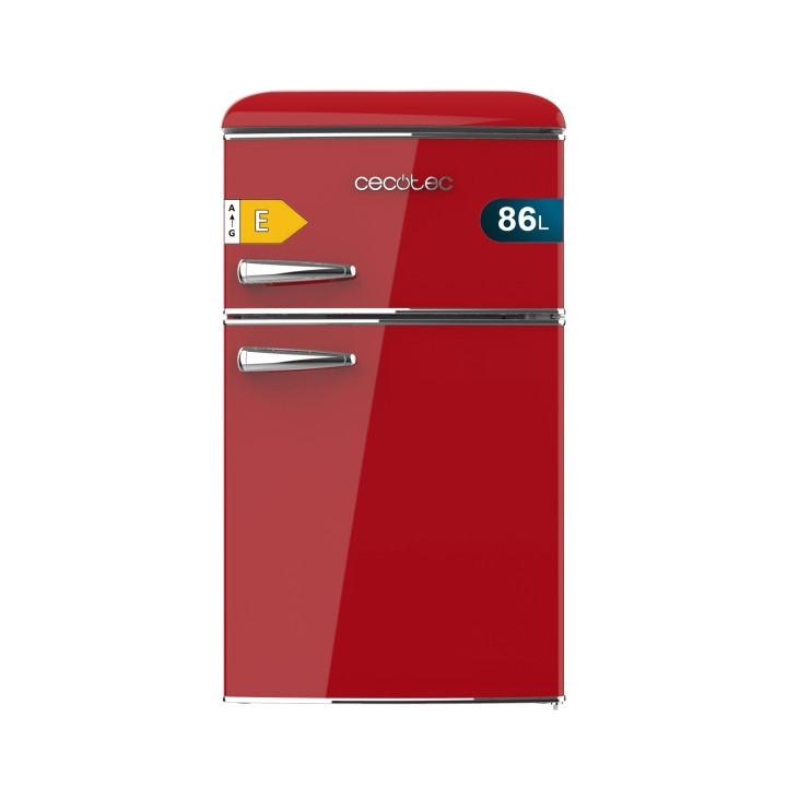 Cecotec Bolero CoolMarket 2D Origin 86 Red E Mini Frigorifico de Dos Puertas de 86L - Luz LED - Estilo Retro - Tirador Cromado -