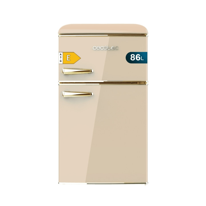 Cecotec Bolero CoolMarket 2D Origin 86 Beige E Mini Frigorifico de Dos Puertas de 86L - Luz LED - Estilo Retro - Tirador Cromado