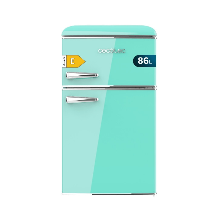 Cecotec Bolero CoolMarket 2D Origin 86 Green E Mini Frigorifico de Dos Puertas de 86L - Luz LED - Estilo Retro - Tirador Cromado