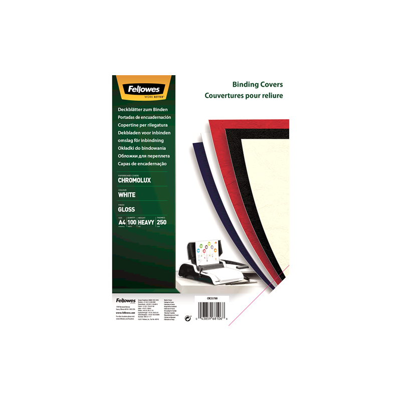 Fellowes Pack de 100 Papel para Contraportada de Documento - A4 - Acabado en Brillo - 250 grs - Certificacion FSC Fellowes Pack de 100 Papel para Contraportada de Documento - A4 - Acabado en Brillo - 250 grs - Certificacion FSC