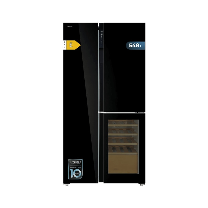 Cecotec Bolero CoolMarket TDW 548 Black Glass E Frigorifico Americano con Vinoteca - 548L - Compresor Inverter - Modo Vacaciones