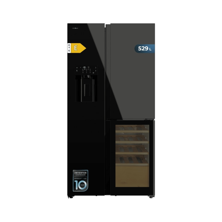 Cecotec Bolero CoolMarket TDW 529 WID Black Glass E Frigorifico Americano con Vinoteca - 529L - Compresor Inverter - Modo Vacaci