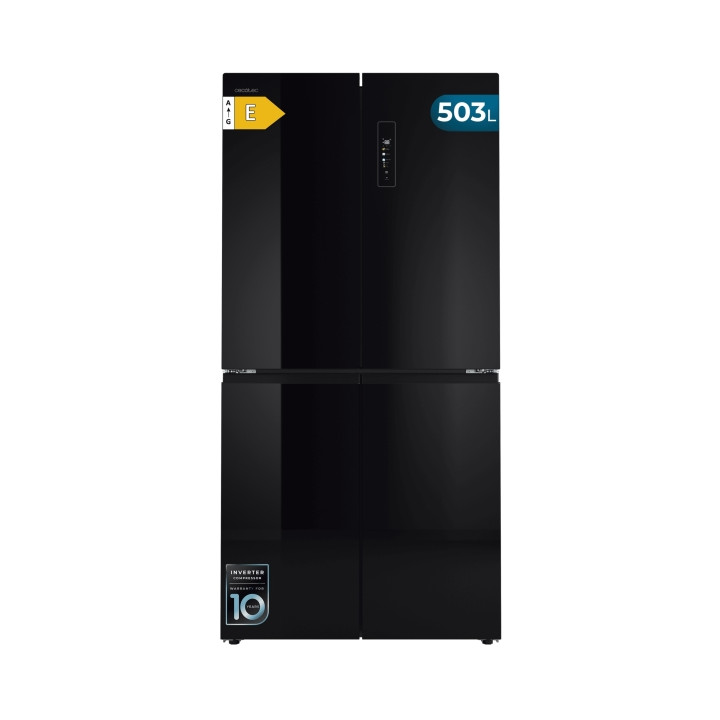 Cecotec Bolero CoolMarket 4D 503 Black Glass E Frigorifico Americano 4 Puertas - Capacidad 503L - Luz LED - Compresor Inverter -