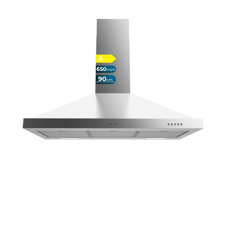 Cecotec Bolero Flux PM 906500 Inox A Campana Extractora de 90cm - 165W - Succion 650m3/h - Luz LED - Incluye Accesorios - Acero
