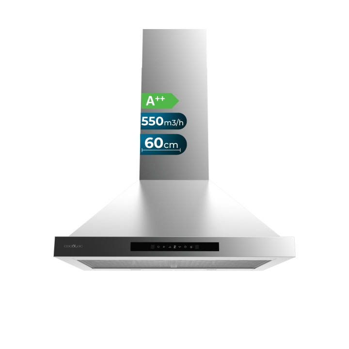 Cecotec Bolero Flux PT 605500 Inox A++ Campana Extractora de 60cm - 70W - Succion 550m3/h - Luz LED - Pantalla LED - Incluye Acc