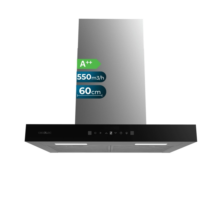 Cecotec Bolero Flux TT 605500 Glass Black A++ Campana Extractora de 60cm - 70W - Succion 550m3/h - Luz LED - Pantalla LED - Incl