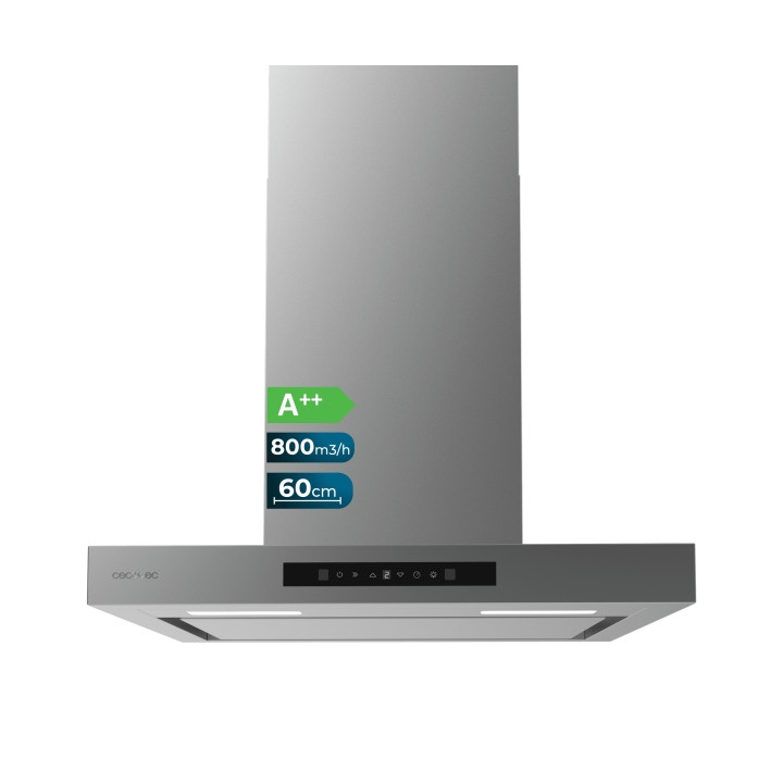 Cecotec Bolero Flux TT 608000 Slim Glass Black A++ Campana Extractora de 60cm - 210W - Succion 800m3/h - Luz LED - Pantalla LED