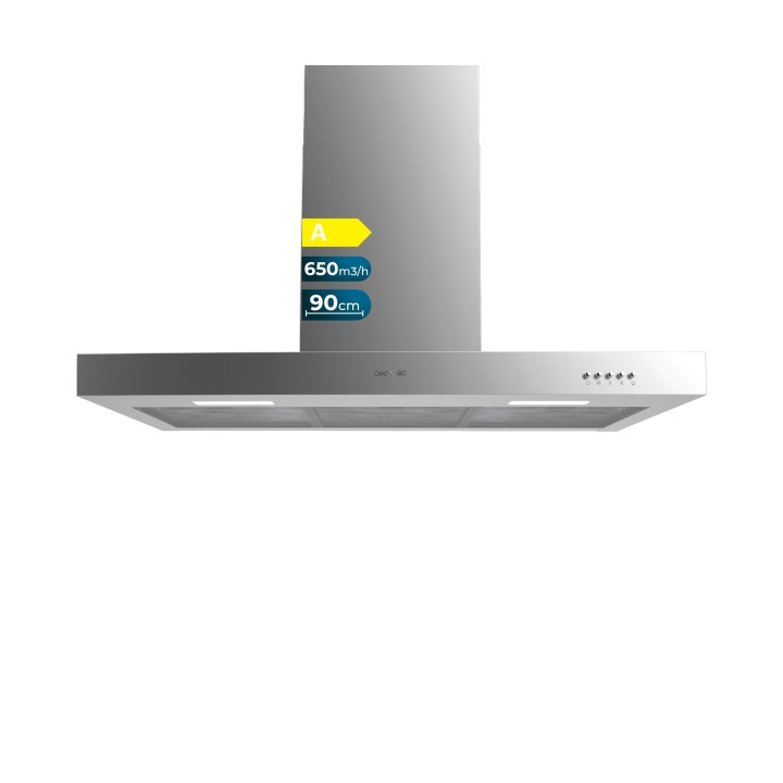 Cecotec Bolero Flux TM 906500 Inox A Campana Extractora de 90cm - 165W - Succion 650m3/h - Luz LED - Incluye Accesorios - Acero