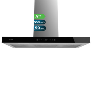 Cecotec Bolero Flux TT 905500 Glass Black A++ Campana Extractora de 90cm - 70W - Succion 550m3/h - Luz LED - Pantalla LED - Incl