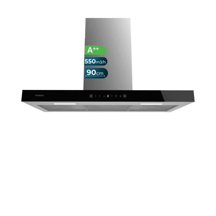 Cecotec Bolero Flux TT 905500 Glass Black A++ Campana Extractora de 90cm - 70W - Succion 550m3/h - Luz LED - Pantalla LED - Incl