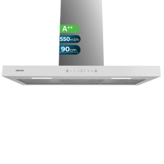 Cecotec Bolero Flux TT 905500 Glass White A++ Campana Extractora de 90cm - 70W - Succion 550m3/h - Luz LED - Pantalla LED - Incl