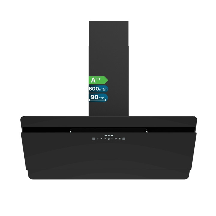 Cecotec Bolero Flux DT 908000 Glass Black A++ Campana Extractora de 90cm - 210W - Succion 800m3/h - Luz LED - Pantalla LED - Inc