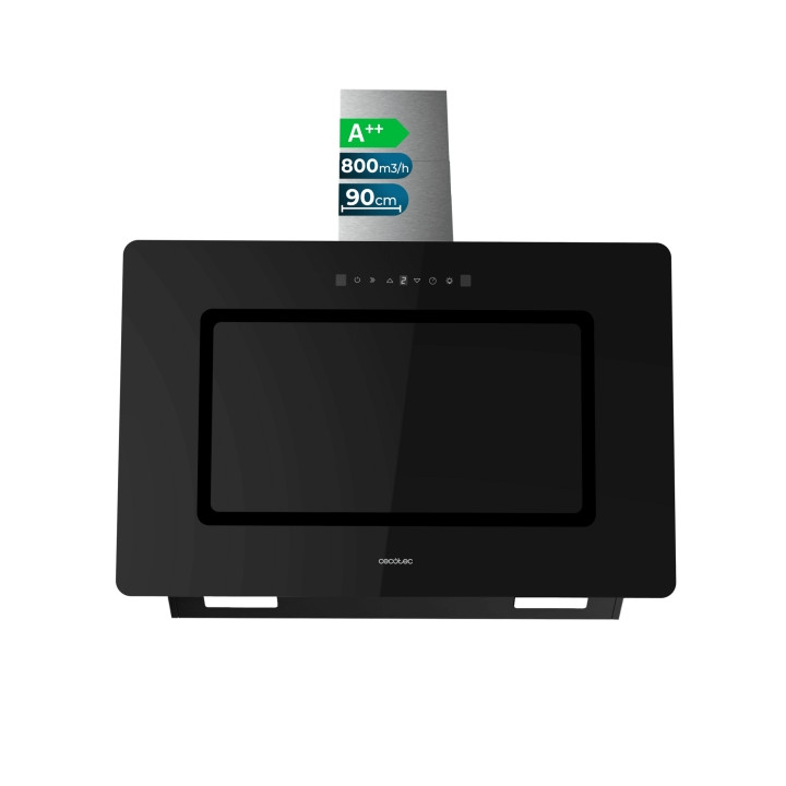 Cecotec Bolero Flux DT 908002 Glass Black A++ Campana Extractora de 90cm - 210W - Succion 800m3/h - Luz LED - Pantalla LED - Inc