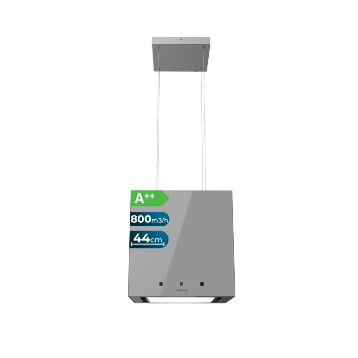 Cecotec Bolero Flux CCT 448000 Glass Grey A++ Campana Extractora Colgante de 44cm - 210W - Succion 800m3/h - Luz LED - Pantalla