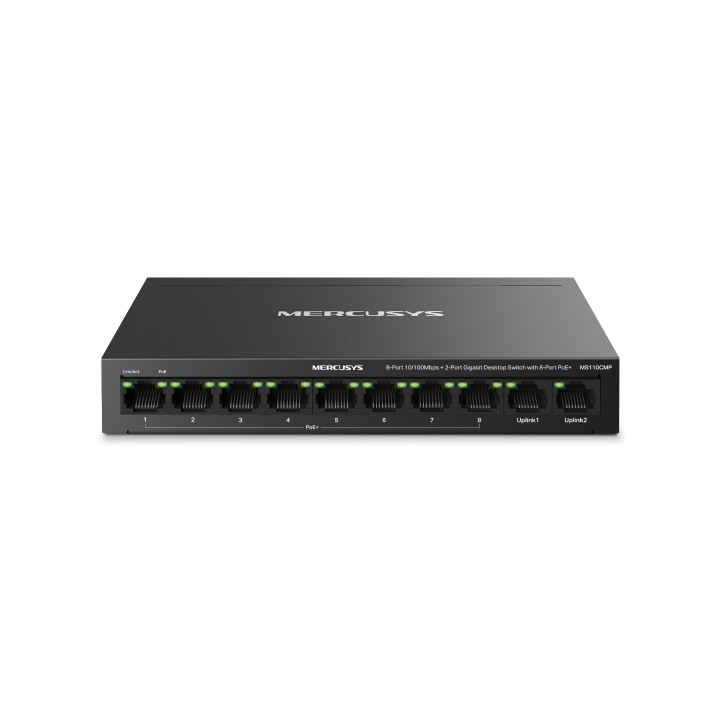 Mercusys MS110CMP Swtich 10 Puertos RJ45 - 8 Puertos 10/100Mbps PoE+ - 2 Puertos Gigabit - Hasta 250 Metros de Alcance - Color N