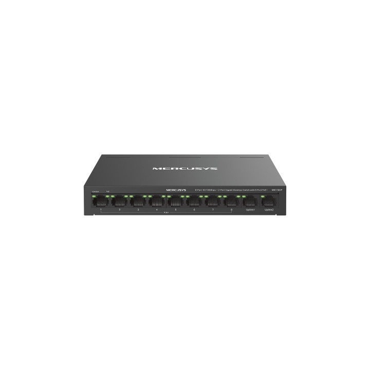 Mercusys MS110CP Swtich 10 Puertos RJ45 - 8 Puertos 10/100Mbps PoE+ - 2 Puertos Gigabit - Hasta 250 Metros de Alcance - Color Ne