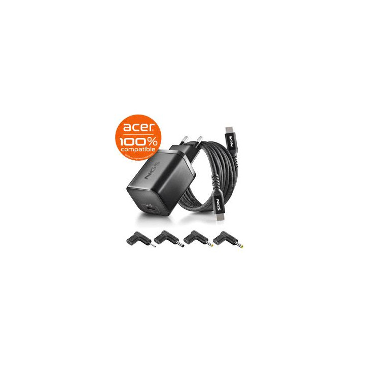 NGS BUD65W‑AC Cargador GaN 65W para Portatiles Acer - USB C Power Delivery y PPS - 4 Conectores DC Incluidos - Cable USB C 1.5m