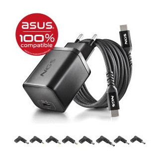 NGS BUD65W-AS Cargador GaN 65W para Portatiles ASUS - USB C Power Delivery y PPS - 8 Conectores DC Incluidos - Cable USB C 1.5 m