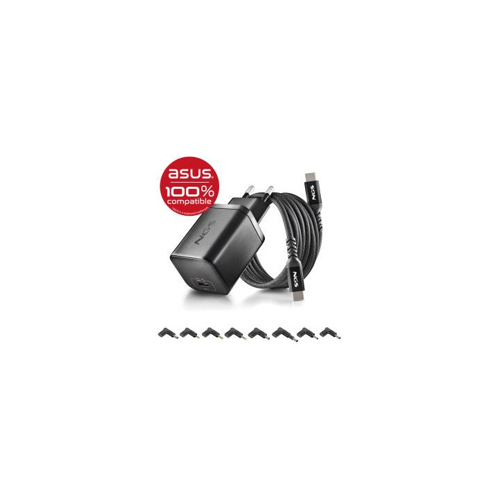 NGS BUD65W-AS Cargador GaN 65W para Portatiles ASUS - USB C Power Delivery y PPS - 8 Conectores DC Incluidos - Cable USB C 1.5 m