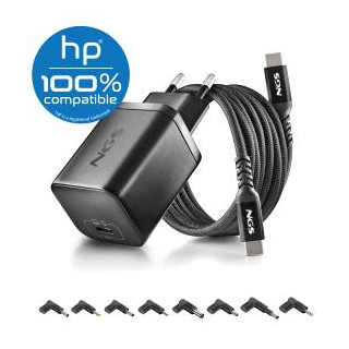 NGS BUD65W-H Cargador GaN 65W para Portatiles HP - USB C Power Delivery y PPS - 8 Conectores DC Incluidos - Cable USB C 1.5 m 60