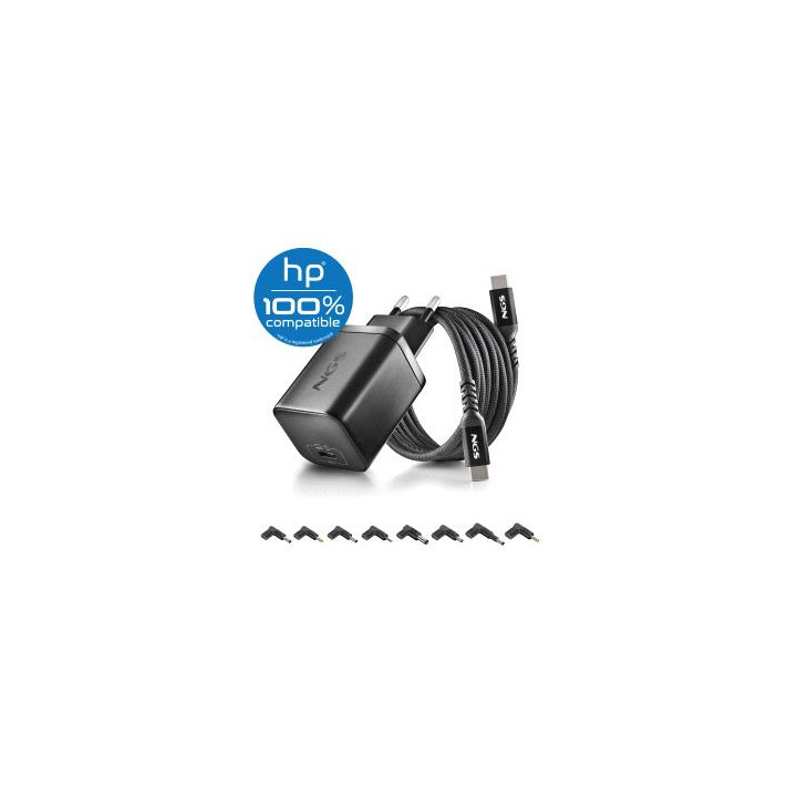 NGS BUD65W-H Cargador GaN 65W para Portatiles HP - USB C Power Delivery y PPS - 8 Conectores DC Incluidos - Cable USB C 1.5 m 60