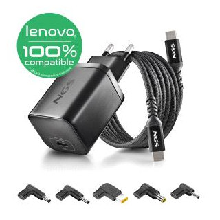 NGS BUD65W-L Cargador GaN 65W para Portatiles Lenovo - USB C Power Delivery y PPS - 5 Conectores DC Incluidos - Cable USB C 1.5