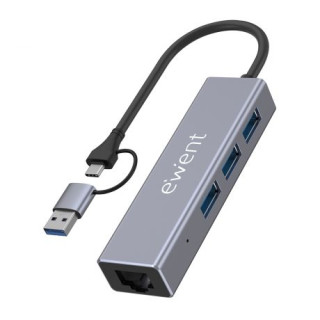 Ewent Adaptador de Red USB-C + USB-A/M 3.2 Gen1 a Ethernet Gigabit 10/100/1000 Mbps + Hub 3xUSB-A 3.2 Gen1 - 15 cm - Color Gris