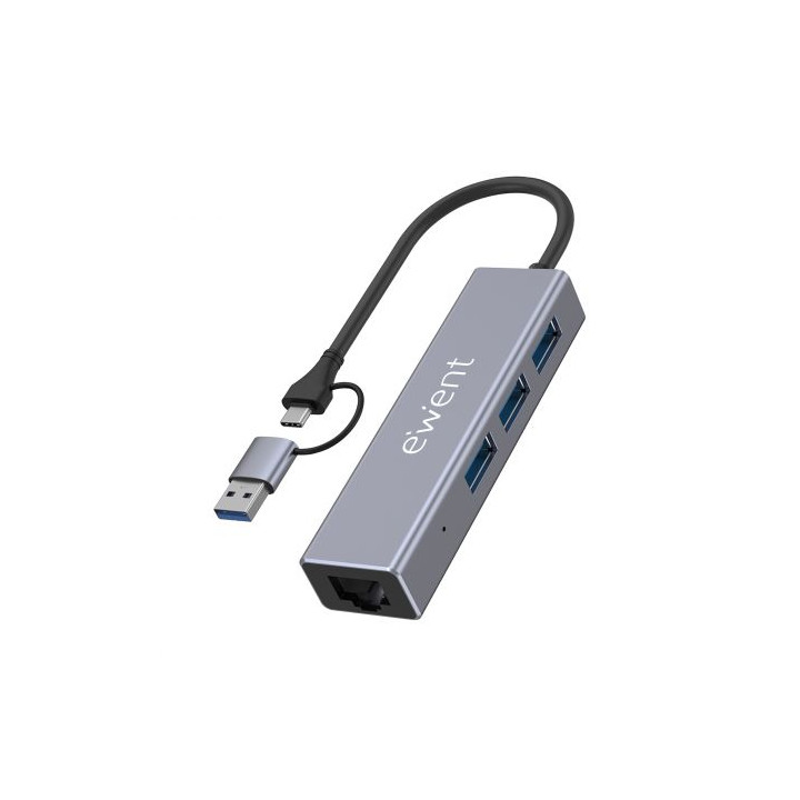 Ewent Adaptador de Red USB-C + USB-A/M 3.2 Gen1 a Ethernet Gigabit 10/100/1000 Mbps + Hub 3xUSB-A 3.2 Gen1 - 15 cm - Color Gris