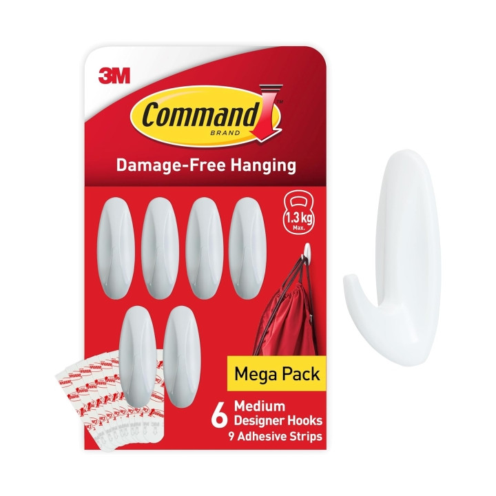 Command Pack de 6 Ganchos de Diseño Medianos - 9 Tiras Adhesivas - Soportan hasta 1.3kg - Color Blanco