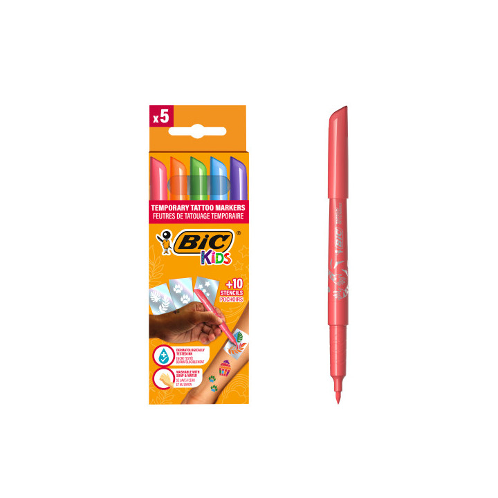 Bic Kids Tatuajes Pack de 5 Rotuladores + 10 Plantillas para Tatuajes Temporales - Tinta Dermatologicamente Testada y Sin Perfum