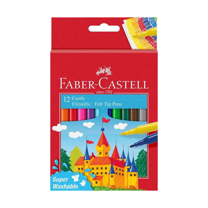 Faber-Castell Castle Pack de 12 Rotuladores - Tinta con Base de Agua Lavable - Colores Surtidos