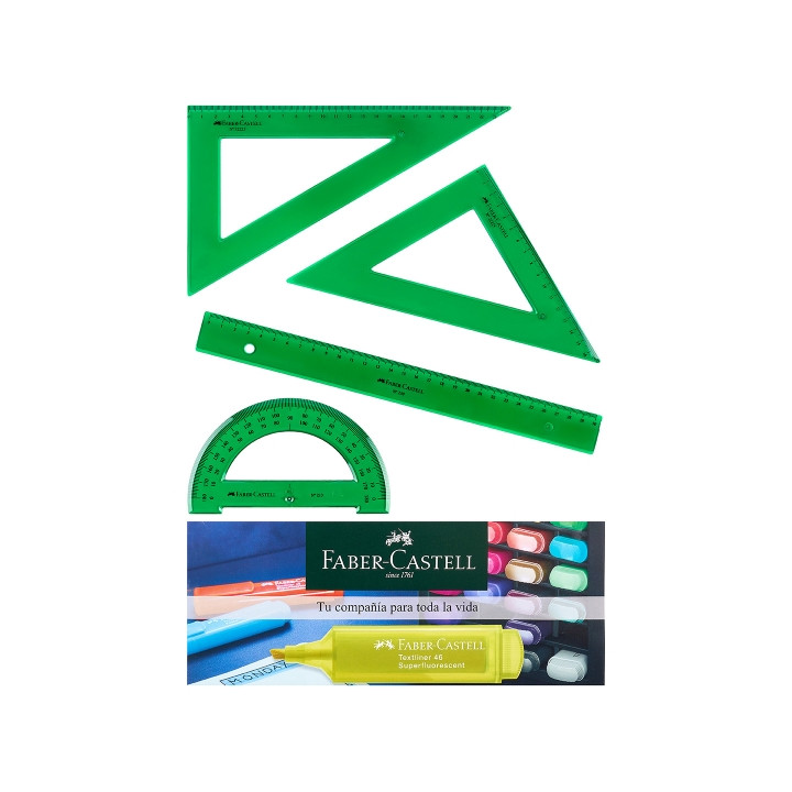 Faber-Castell Pack Escolar de 4 Reglas - Regla Recta - Transportador - Escuadra - Cartabon - Color Verde Tranparente