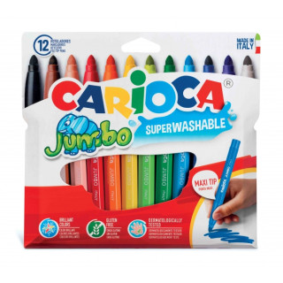 Carioca Jumbo Pack de 12 Rotuladores - Cuerpo Octogonal Maxi - Tinta Superlavable - Punta Maxi 6mm Bloqueada - Tapa Ventilada -