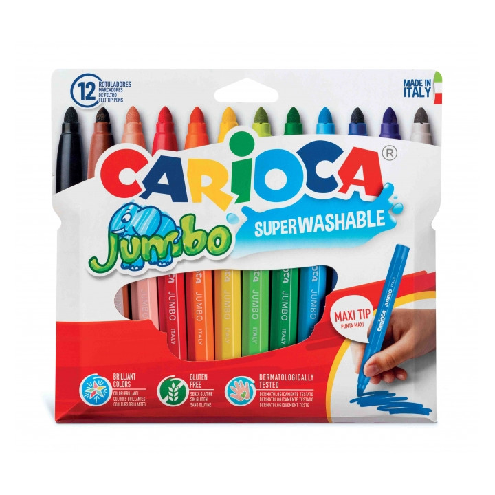 Carioca Jumbo Pack de 12 Rotuladores - Cuerpo Octogonal Maxi - Tinta Superlavable - Punta Maxi 6mm Bloqueada - Tapa Ventilada -