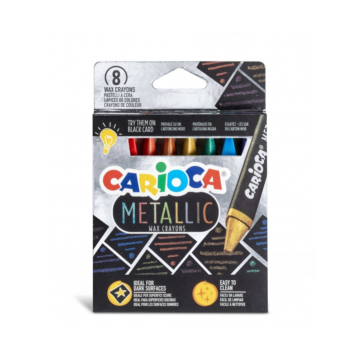 Carioca Metallic Pack de 8 Ceras Metalicas - Cuerpo Maxi Triangular - Colores Cubrientes para Superficies Oscuras - Faciles de L