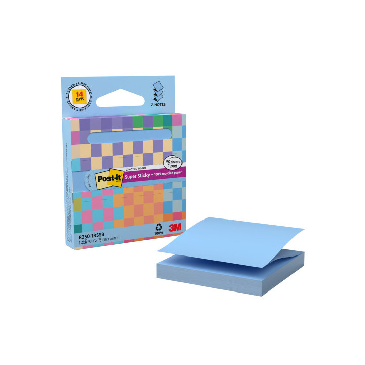 DISPENSADOR DE CARTON 90 HOJAS Z-NOTES RECICLADO SUPER STICKY 76X76 MM AZUL LAVADO R330-1RSSB POST-IT 7100399315