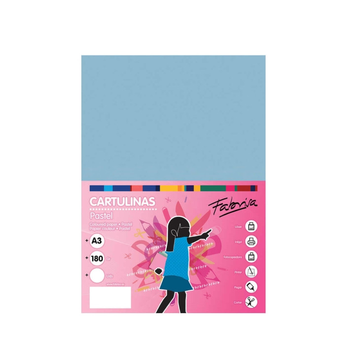 Fabrisa Pack de 25 Cartulinas 180 g/m² - Tamaño A3 - Color Azul Claro