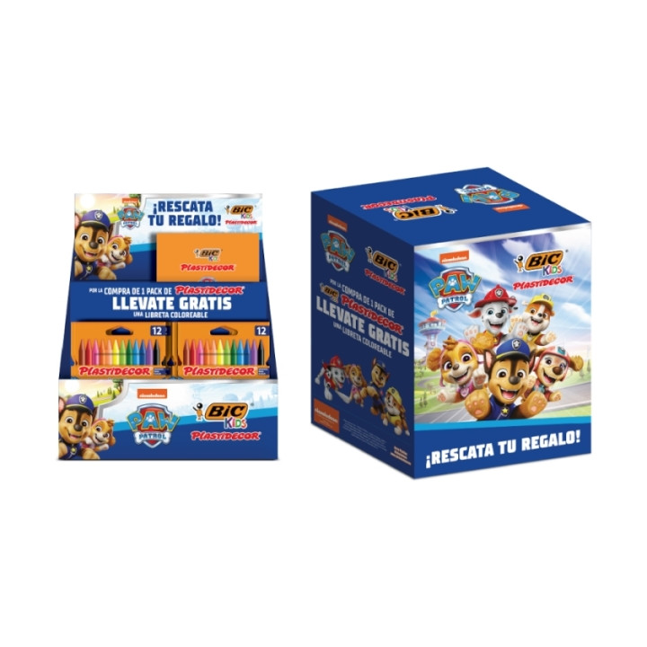 Bic Kids Plastidecor Patrulla Canina Expositor con 24 Packs de 12 Lapices de Cera + 24 Cuadernos de Colorear de la Patrulla Cani