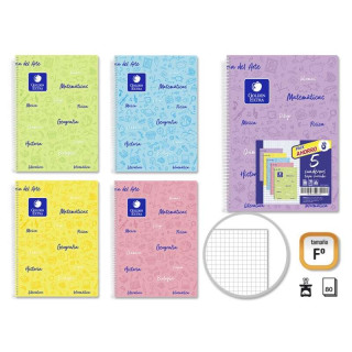 Golden Pack de 5 Cuadernos Folio 80 Hojas 90gr Cuadricula 4x4 - Resistente - Ideal para Estudiantes - Tapa Forrada - Colores Pas