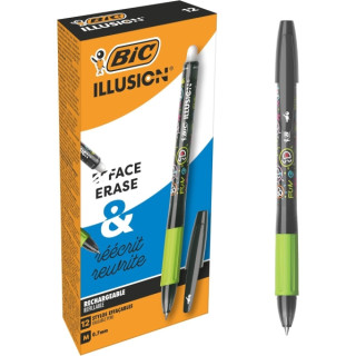 Bic Illusions Boligrafo Borrable - Punta Media de 0.7mm - Grip de Goma - Recargable - Color Negro