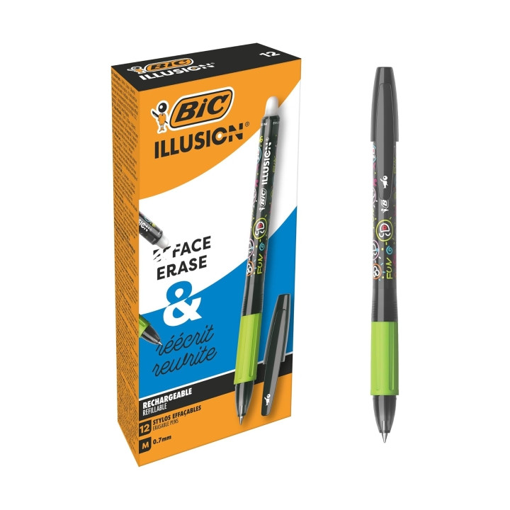 Bic Illusions Boligrafo Borrable - Punta Media de 0.7mm - Grip de Goma - Recargable - Color Negro
