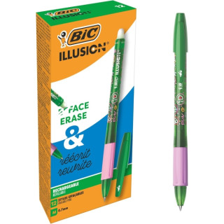 Bic Illusions Boligrafo Borrable - Punta Media de 0.7mm - Grip de Goma - Recargable - Color Verde