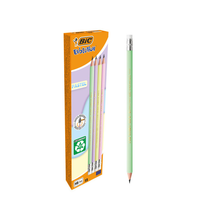 Bic Evolution Pastel Lapiz de Grafito Hexagonal con Goma - Mina HB Ultrarresistente - Sin Madera - No se Astilla - Colores Paste